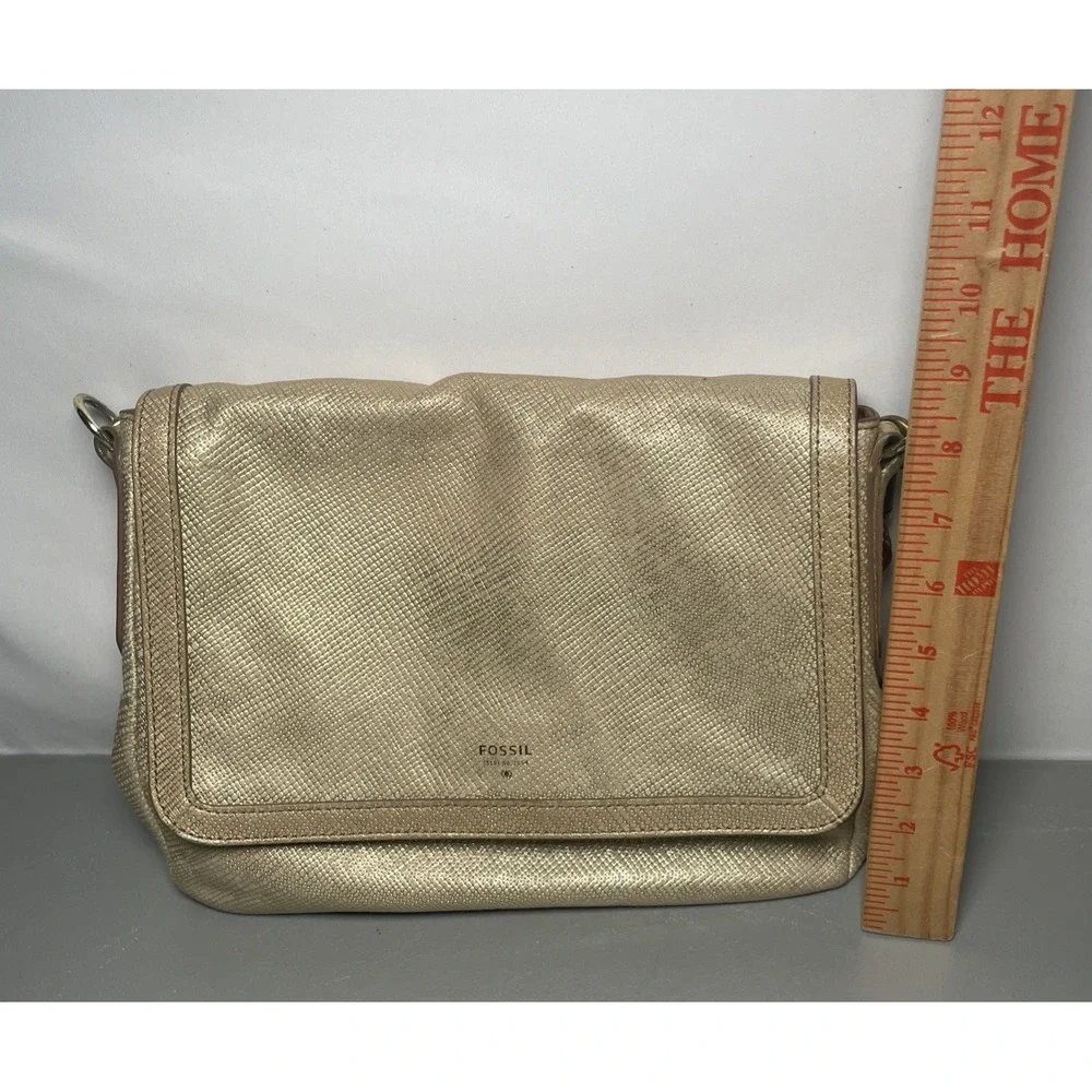 Fossil Distressed Metallic Gold Leather Flap Crossbody Messenger Bag